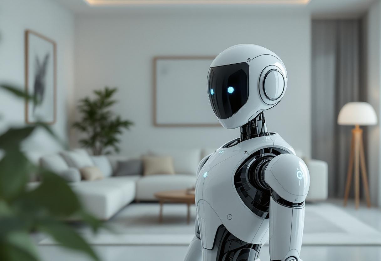 Robot umanoidi che interagiscono in un ambiente futuristico