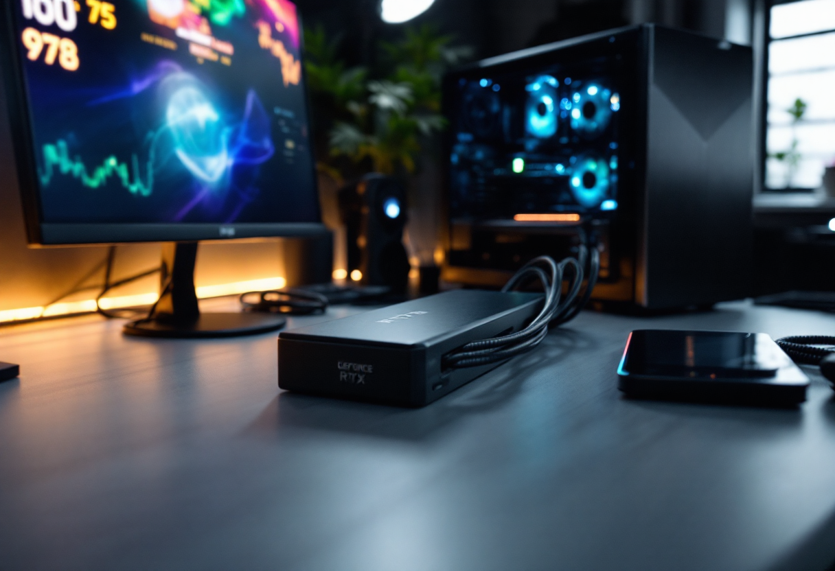 Immagine della GeForce RTX 5090 con focus sui cavi di alimentazione